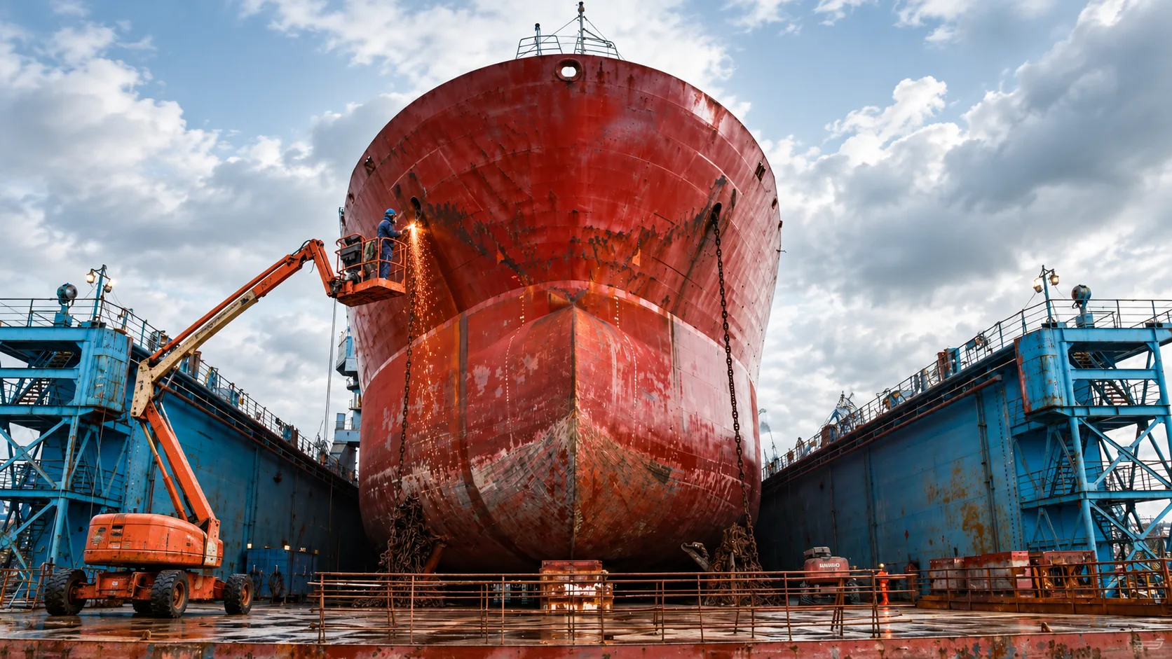 Ship hull undergoing repair in dry dock
