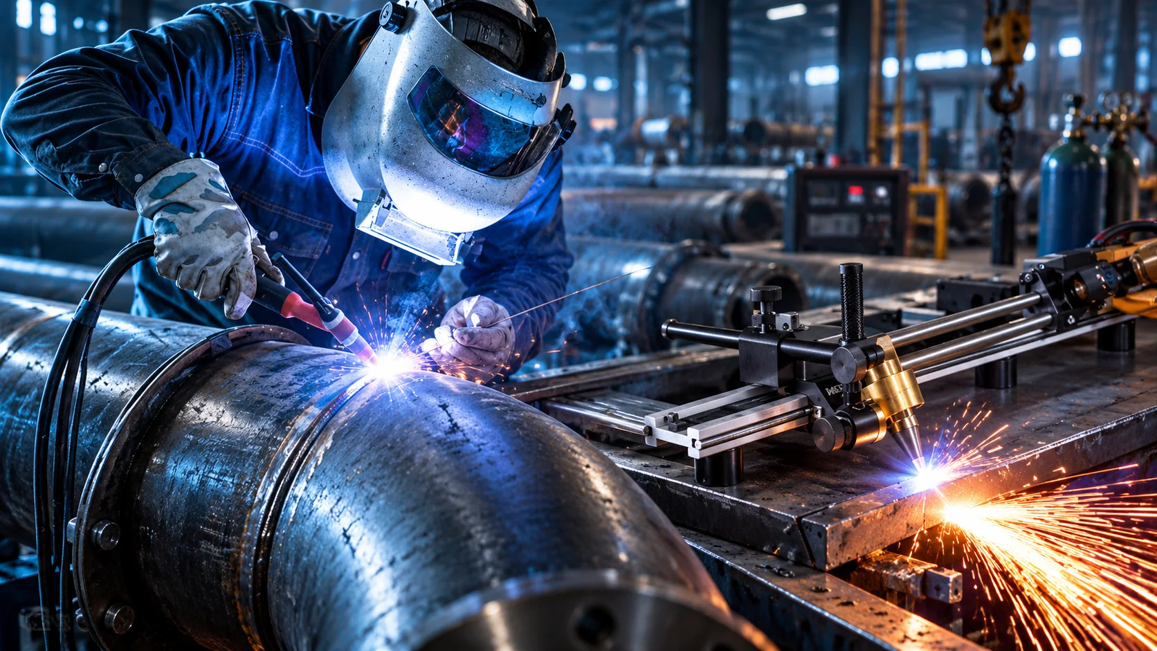 Welder fabricating large steel pipe in a workshop